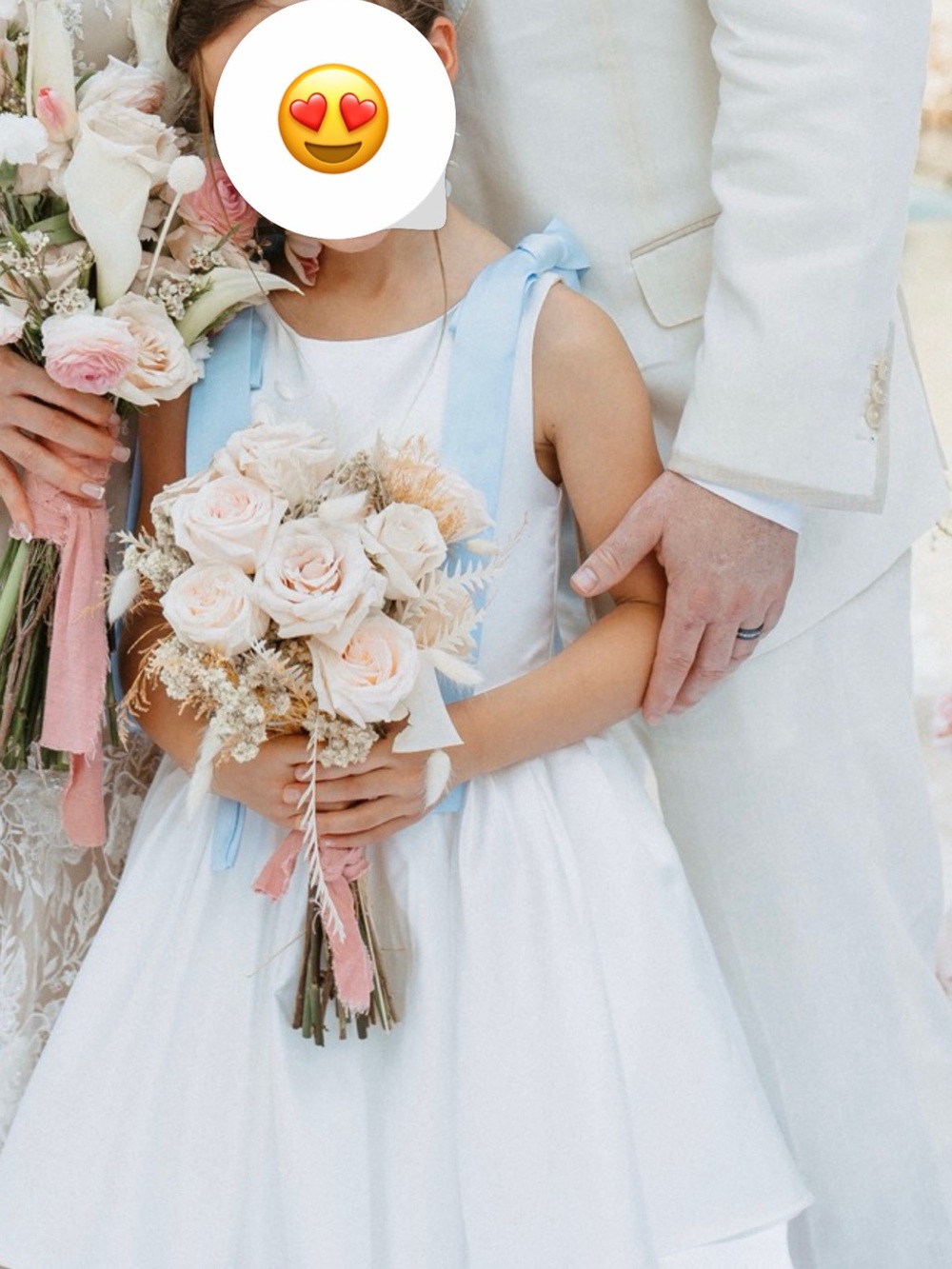 JJs House White Flower Girl Dress with Light Blue Ribbon Straps